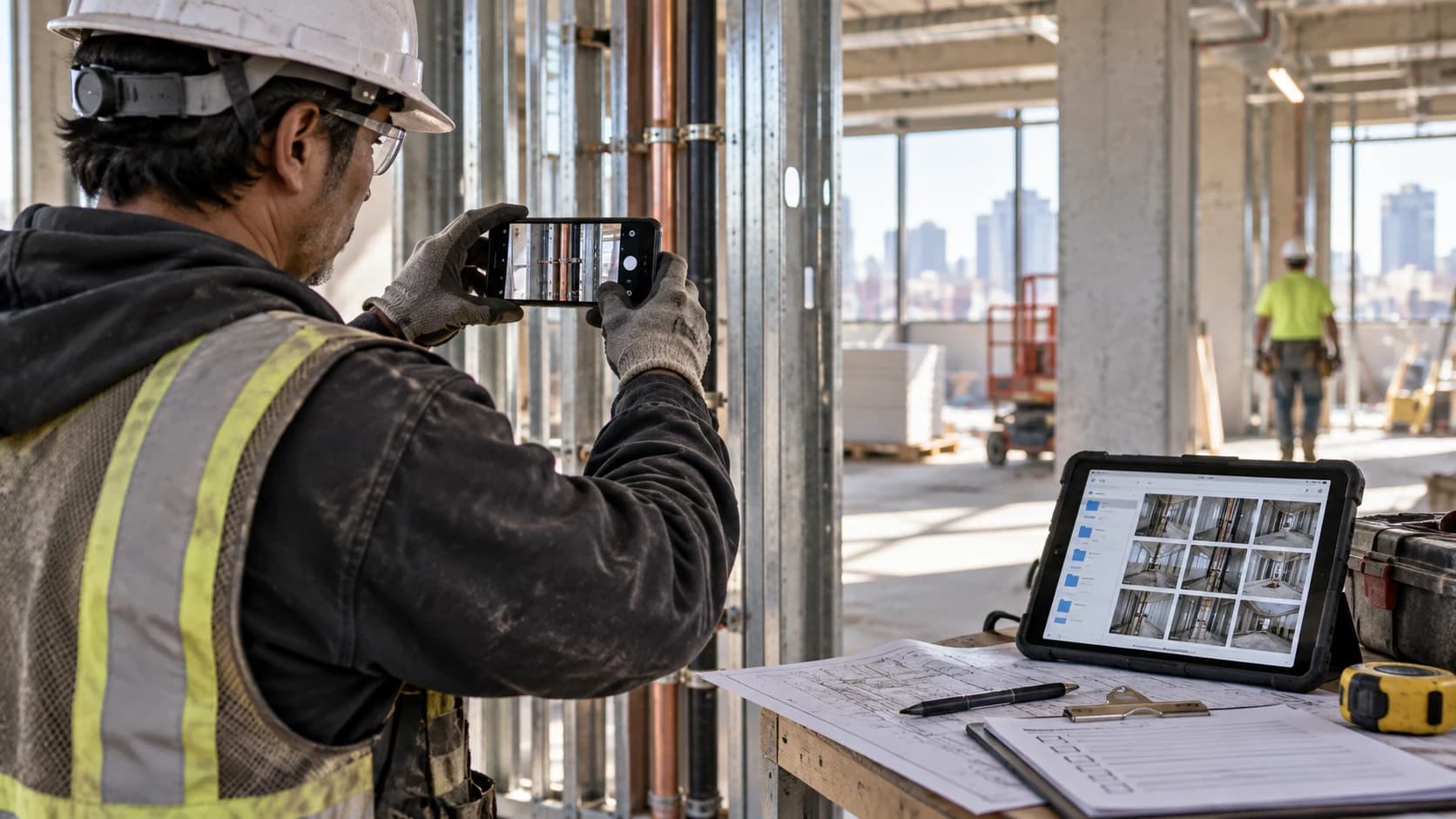建設現場でスマートフォンとタブレットを使って工事写真を記録するイメージ