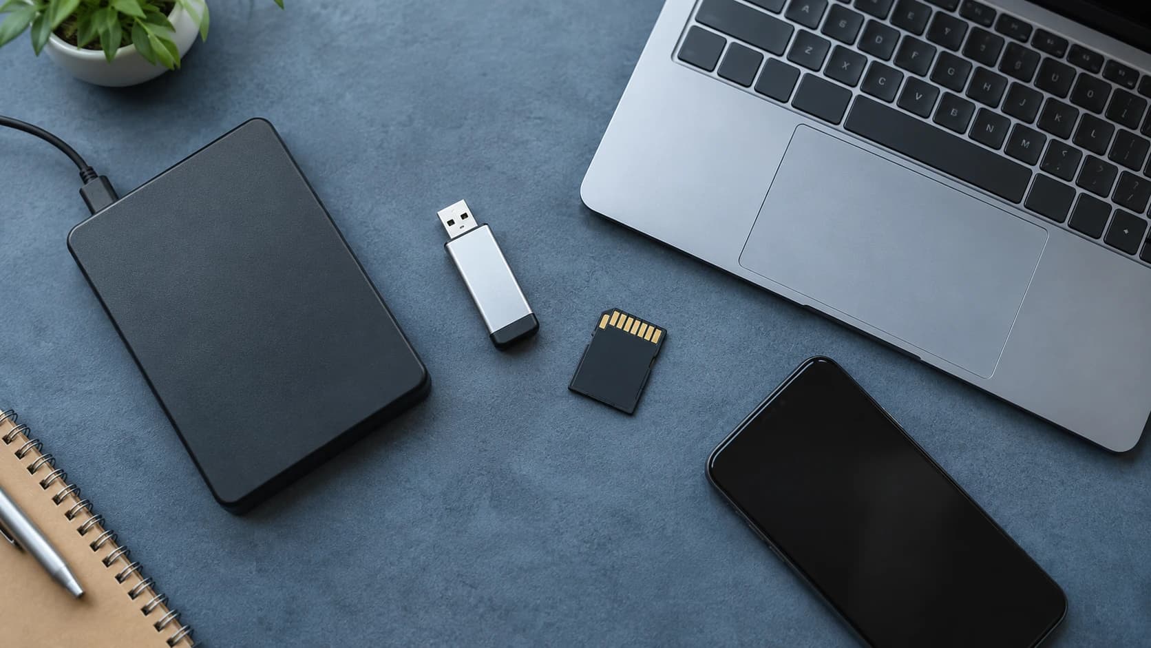 青灰色の机に外付けハードディスク・USBメモリ・SDカード・スマートフォン・ノートPCを並べたイメージ