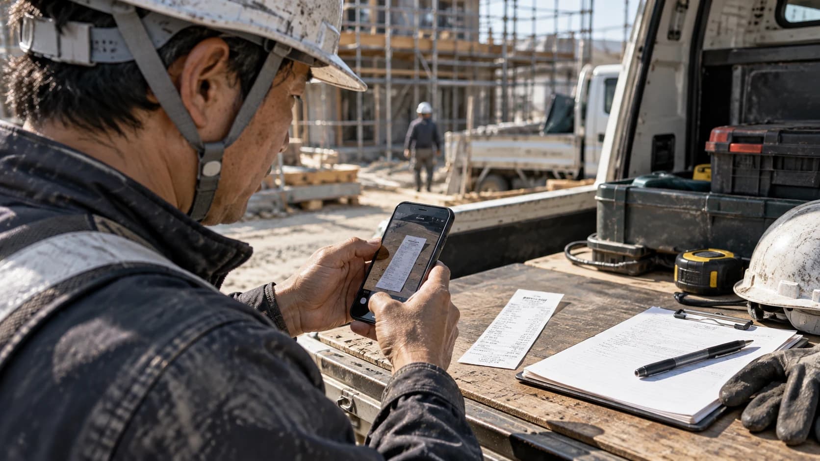 建設現場で職人がスマートフォンで領収書を撮影するイメージ
