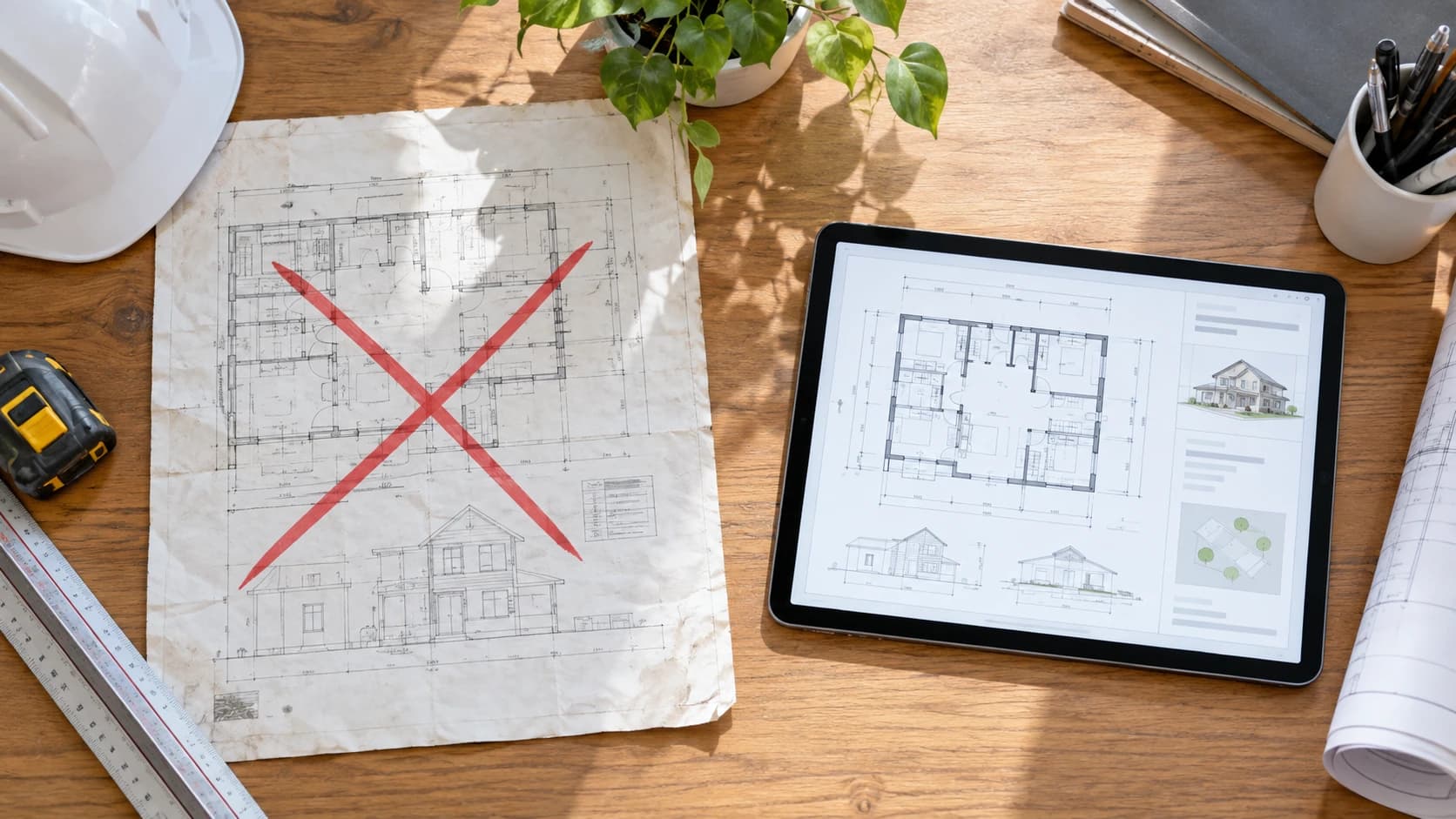 赤い×を付けた古い紙の図面と、最新版の図面を表示したタブレットを並べたイメージ