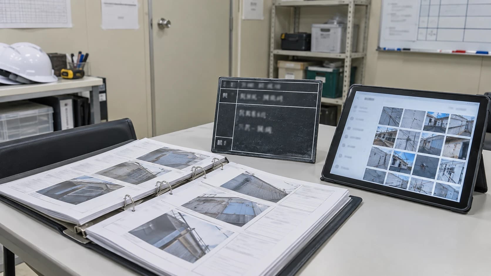 仮設事務所の机に、紙の工事写真台帳と工事黒板と写真一覧のタブレットを並べたイメージ