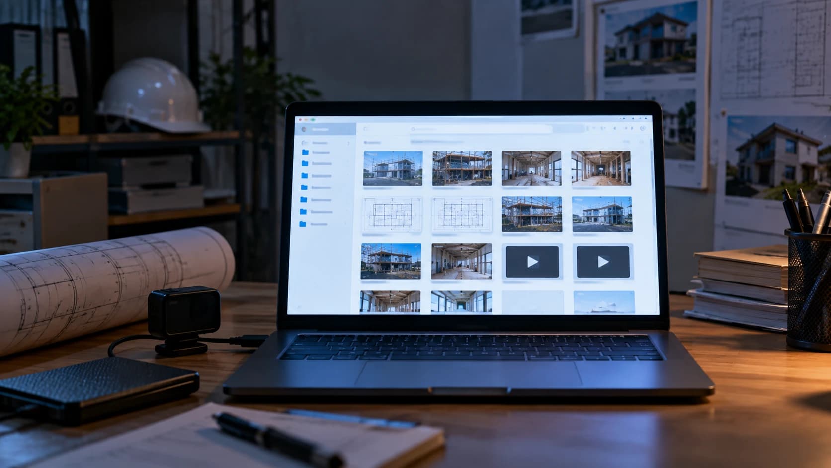 暗い部屋のノートPCに、現場写真と動画のサムネイルが並んだファイル共有画面が映るイメージ