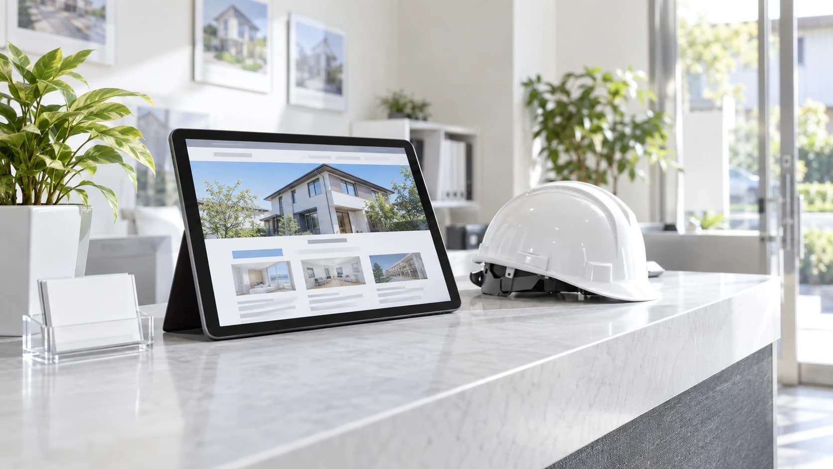 建設会社の受付カウンターで、タブレットに会社のホームページを表示しているイメージ