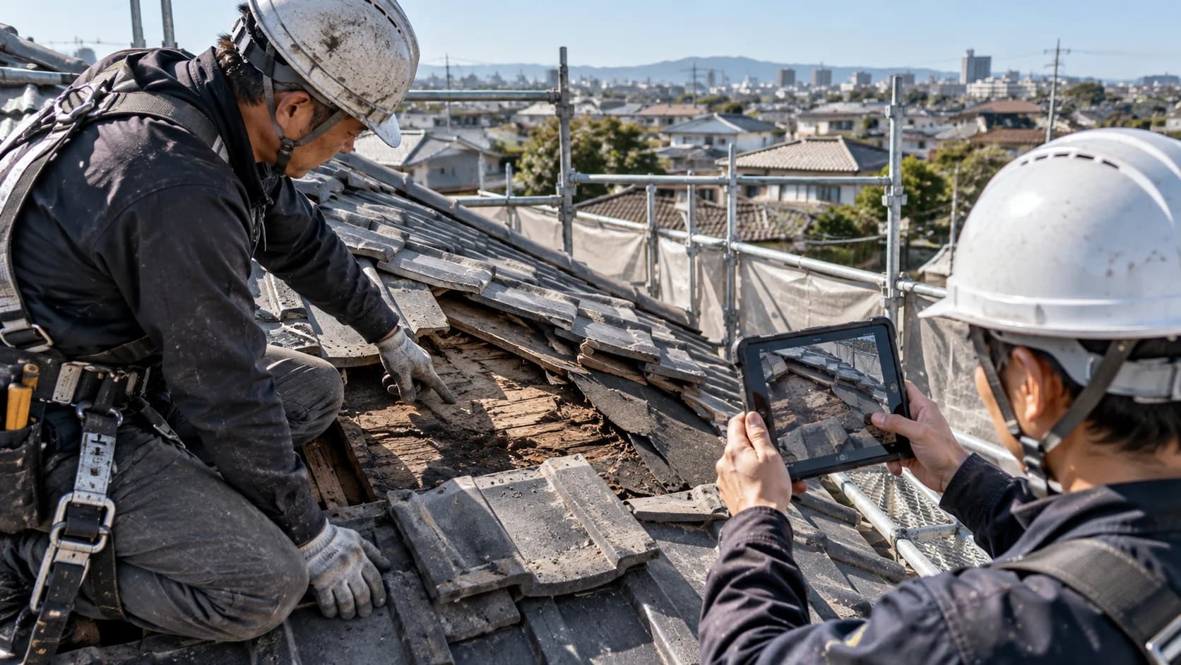 屋根の追加工事箇所をタブレットで記録する作業イメージ