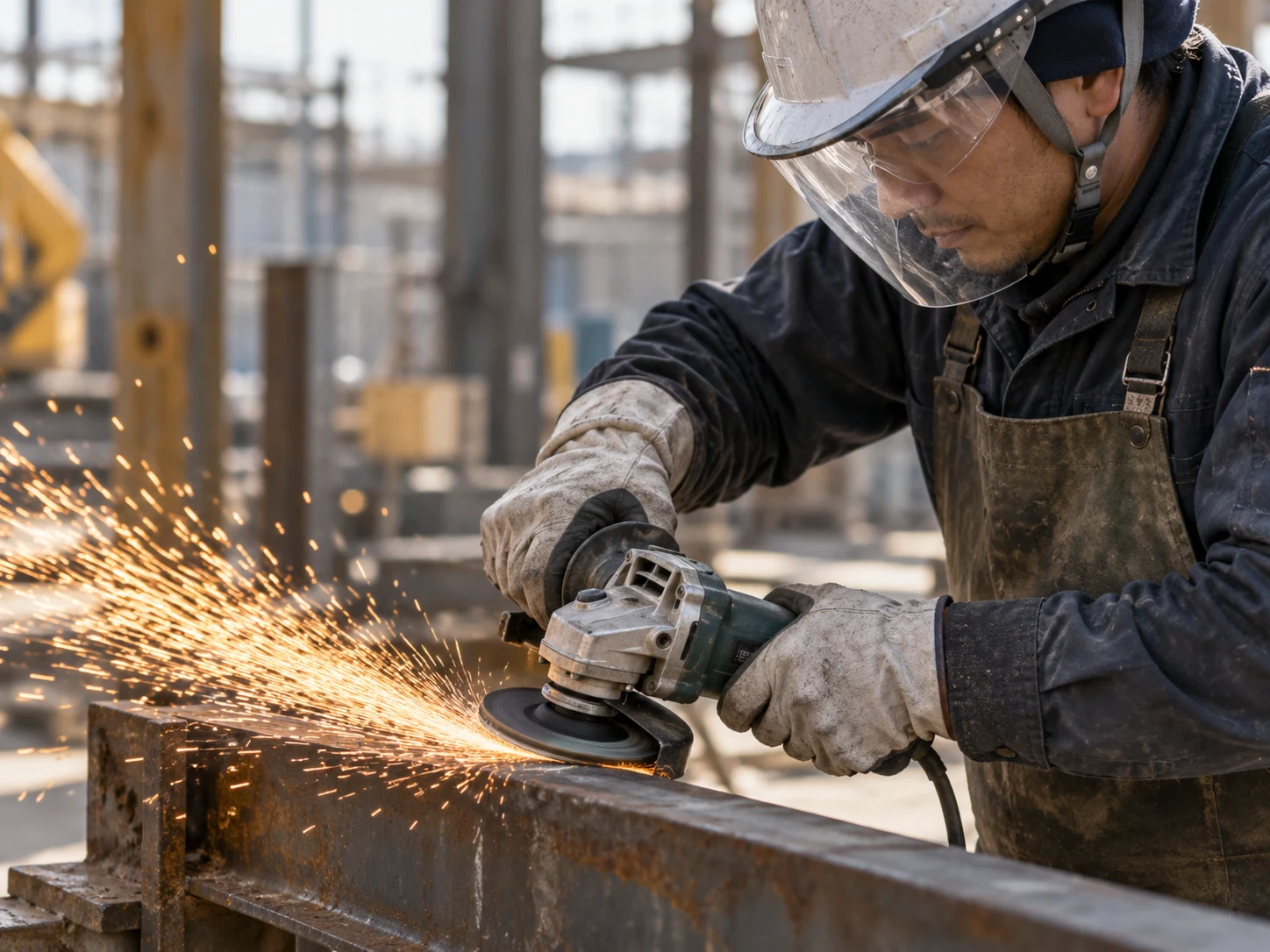現場でディスクグラインダーを使用して鉄部を研磨する作業イメージ