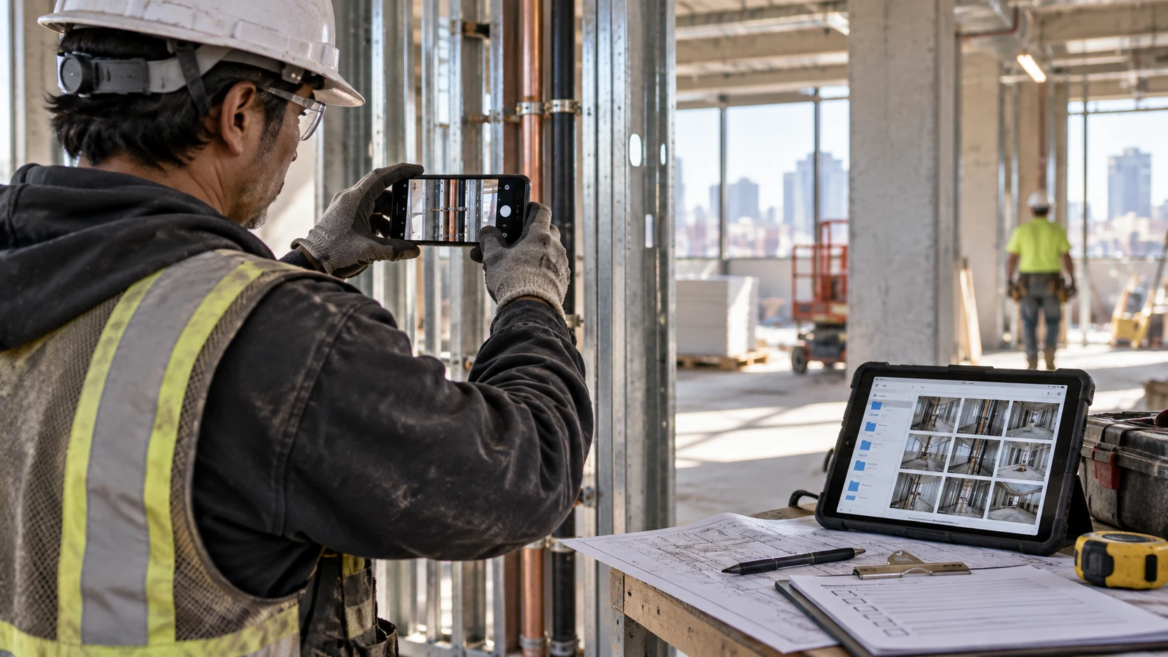 建設現場でスマートフォンとタブレットを使って工事写真を記録するイメージ