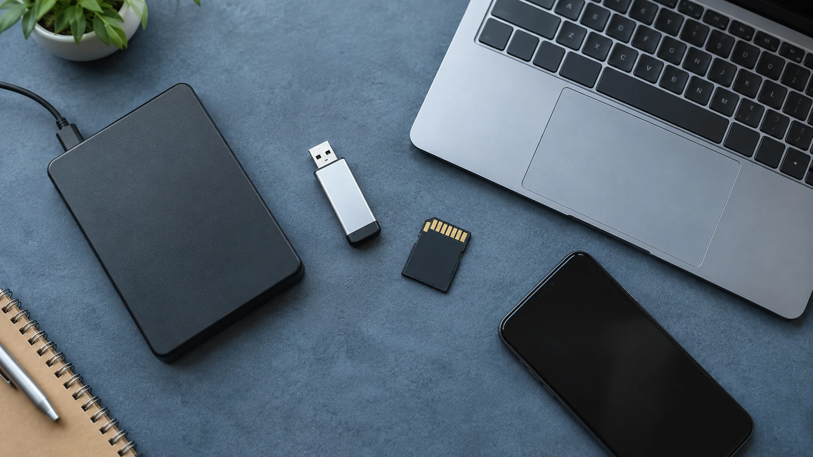 青灰色の机に外付けハードディスク・USBメモリ・SDカード・スマートフォン・ノートPCを並べたイメージ