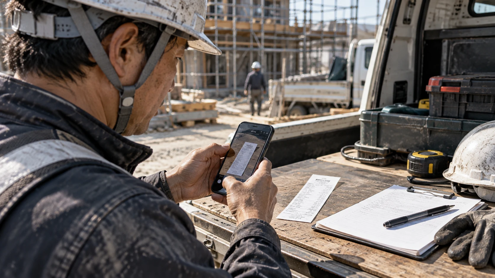建設現場で職人がスマートフォンで領収書を撮影するイメージ